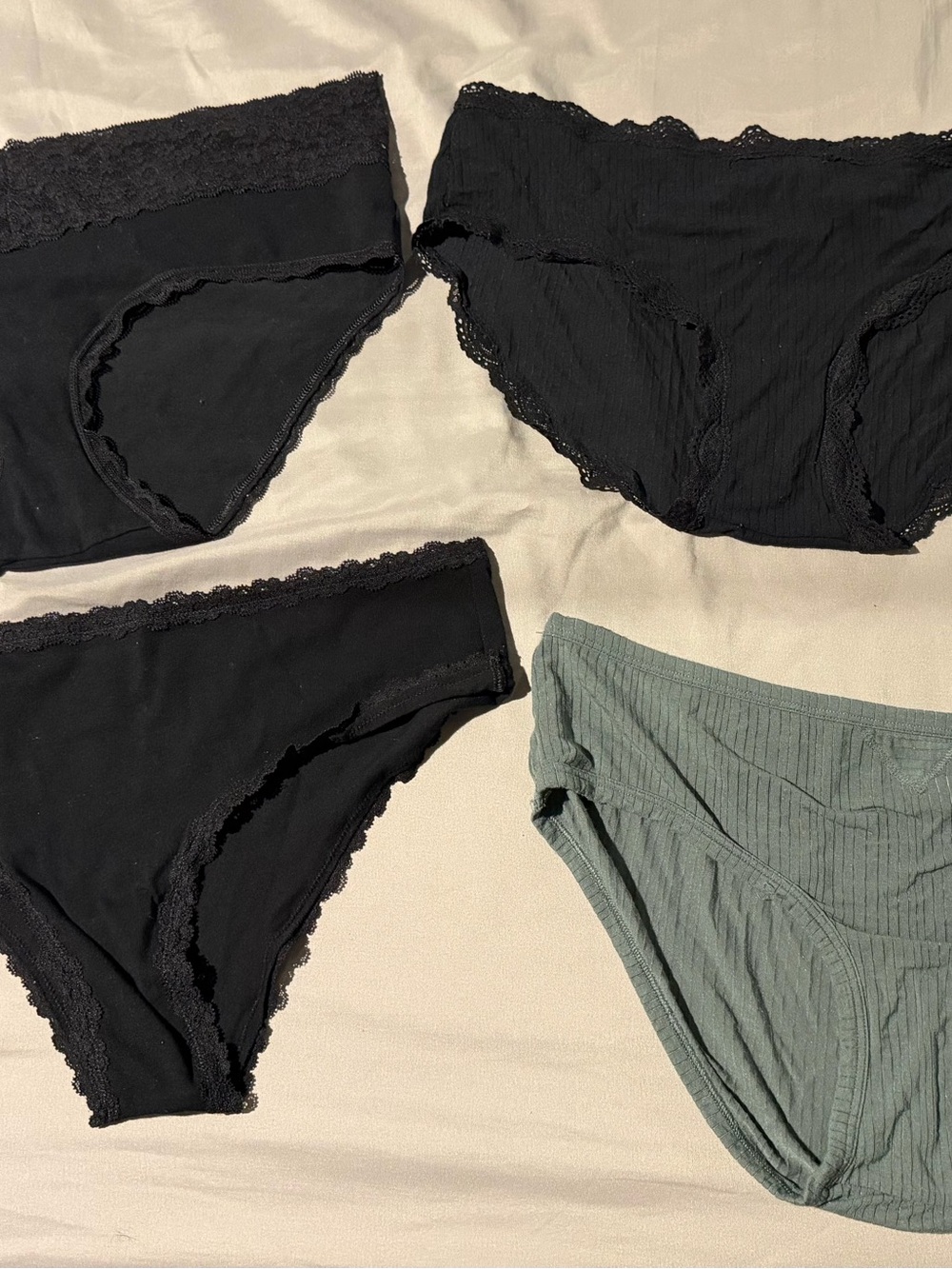 aerie Lace-Trim Bikini Panty Set in Black and Sage